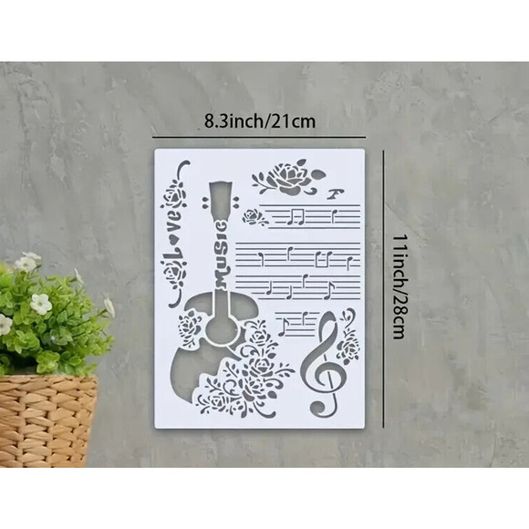 2 pc Guitar Roses Love Music Stencils 8.3" x 11" Piano Keys Layering Reusable - Picture 3 of 4